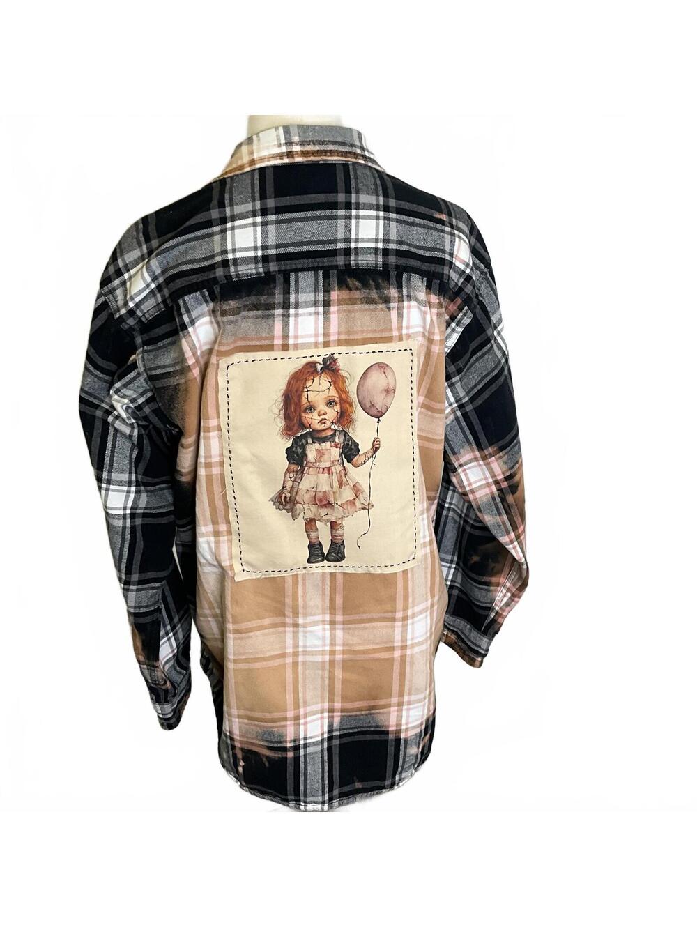 Upcycled  Large flannel Boyfriend Shirt Button Down Custom Bleach Creepy Doll